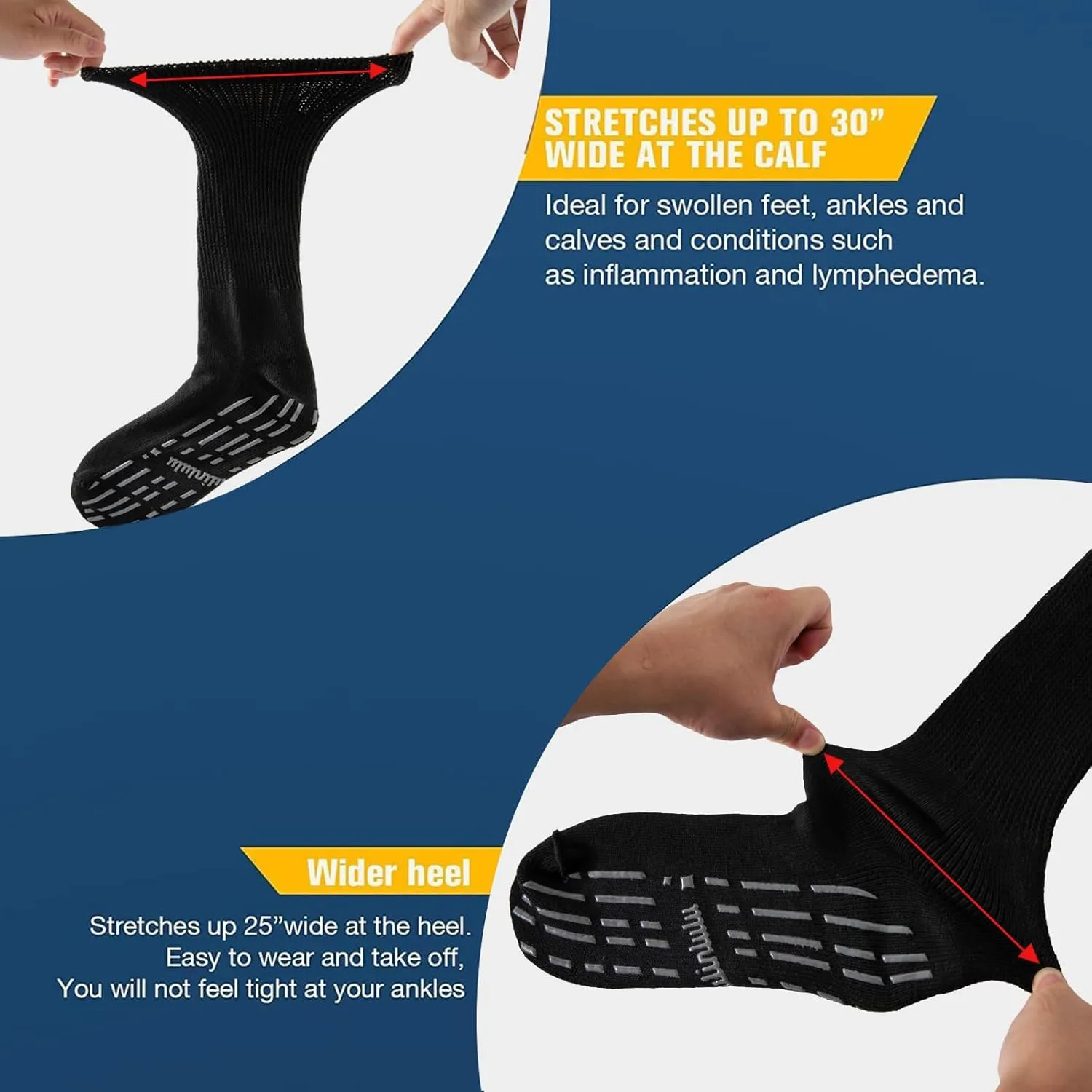Bulinlulu Extra Width Socks - 2 Pairs Hospital Grip Socks for Women, Men 13-15; ideal for Diabetic, Lymphedema and Bariatric Feet in Black, White
