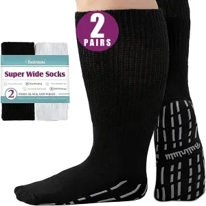 Bulinlulu Extra Width Socks - 2 Pairs Hospital Grip Socks for Women, Men 13-15; ideal for Diabetic, Lymphedema and Bariatric Feet in Black, White