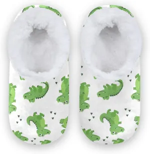 Cartoon Alligators Kids House Slippers Green Crocodiles Boys Closed Back Fuzzy Feet Slippers Girls Coral Fleece Slipper Socks No Skid Warm Cozy Home Slippers For Indoor Outdoor Winter Bedroom XS