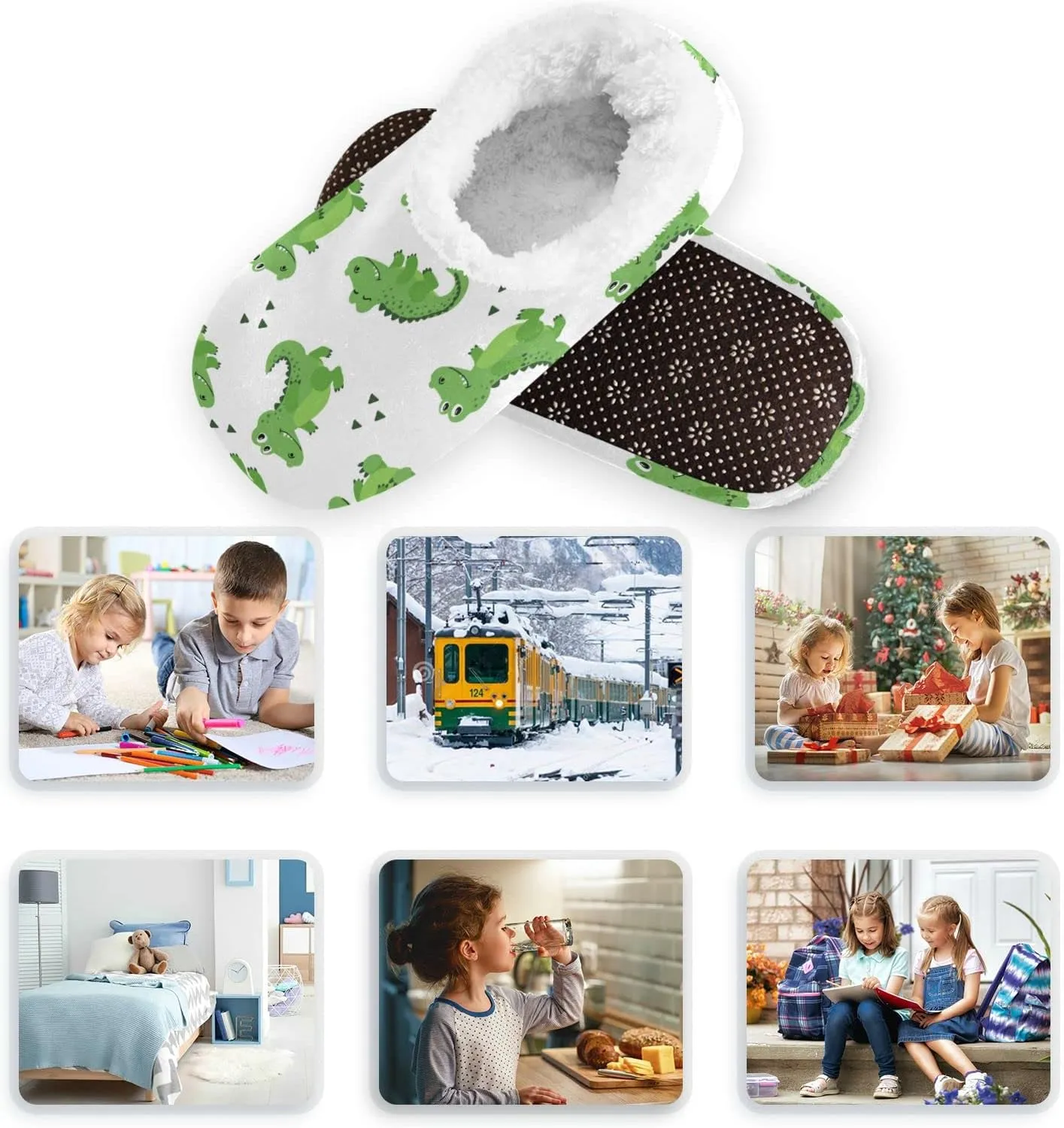 Cartoon Alligators Kids House Slippers Green Crocodiles Boys Closed Back Fuzzy Feet Slippers Girls Coral Fleece Slipper Socks No Skid Warm Cozy Home Slippers For Indoor Outdoor Winter Bedroom XS