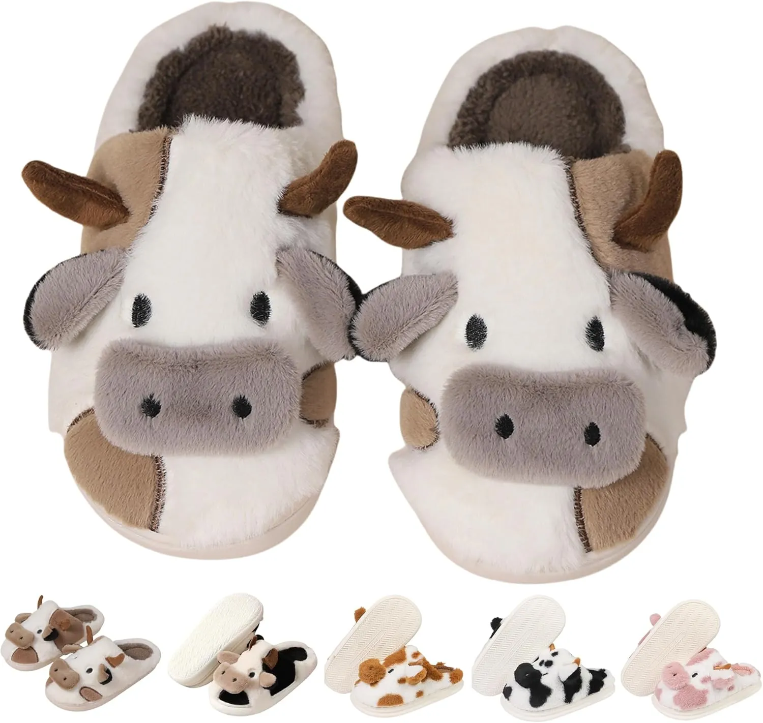 Cartoon Cow Cotton Slippers,Cute Cozy Fuzzy Animal Slippers For Women,Winter Warm Plush Comfy Indoor Outdoor Slippers