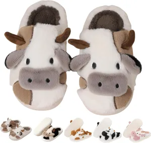 Cartoon Cow Cotton Slippers,Cute Cozy Fuzzy Animal Slippers For Women,Winter Warm Plush Comfy Indoor Outdoor Slippers