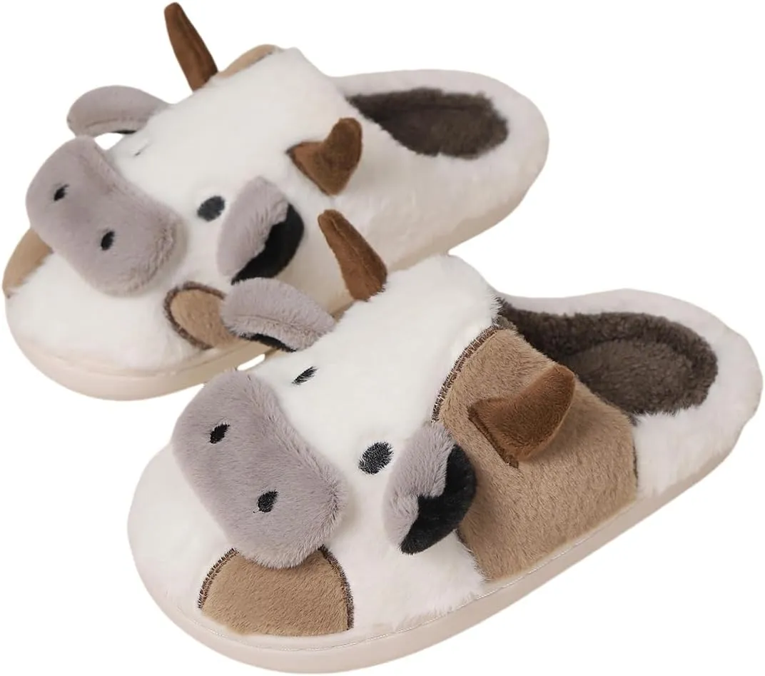 Cartoon Cow Cotton Slippers,Cute Cozy Fuzzy Animal Slippers For Women,Winter Warm Plush Comfy Indoor Outdoor Slippers