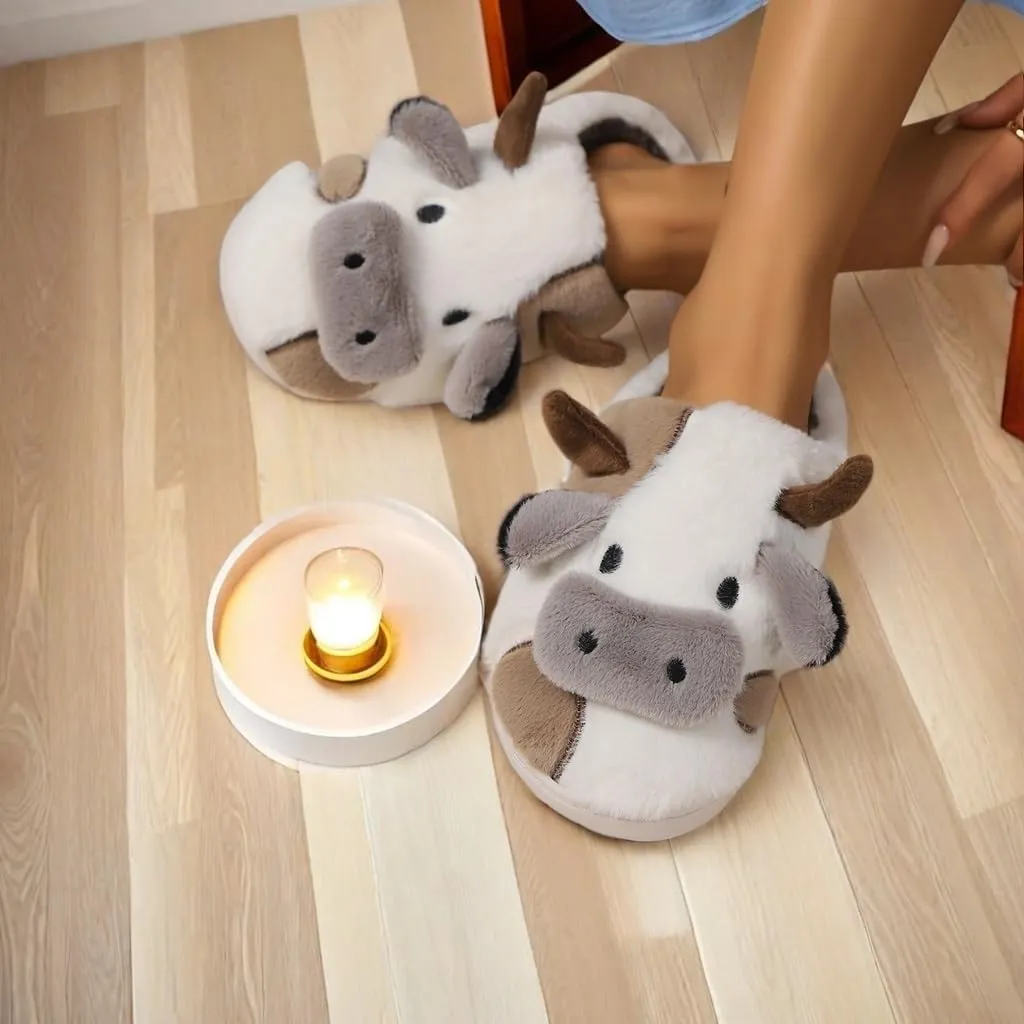 Cartoon Cow Cotton Slippers,Cute Cozy Fuzzy Animal Slippers For Women,Winter Warm Plush Comfy Indoor Outdoor Slippers