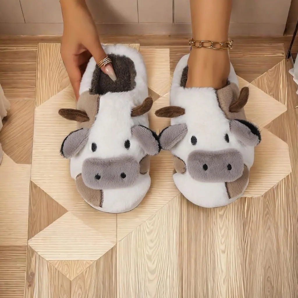 Cartoon Cow Cotton Slippers,Cute Cozy Fuzzy Animal Slippers For Women,Winter Warm Plush Comfy Indoor Outdoor Slippers