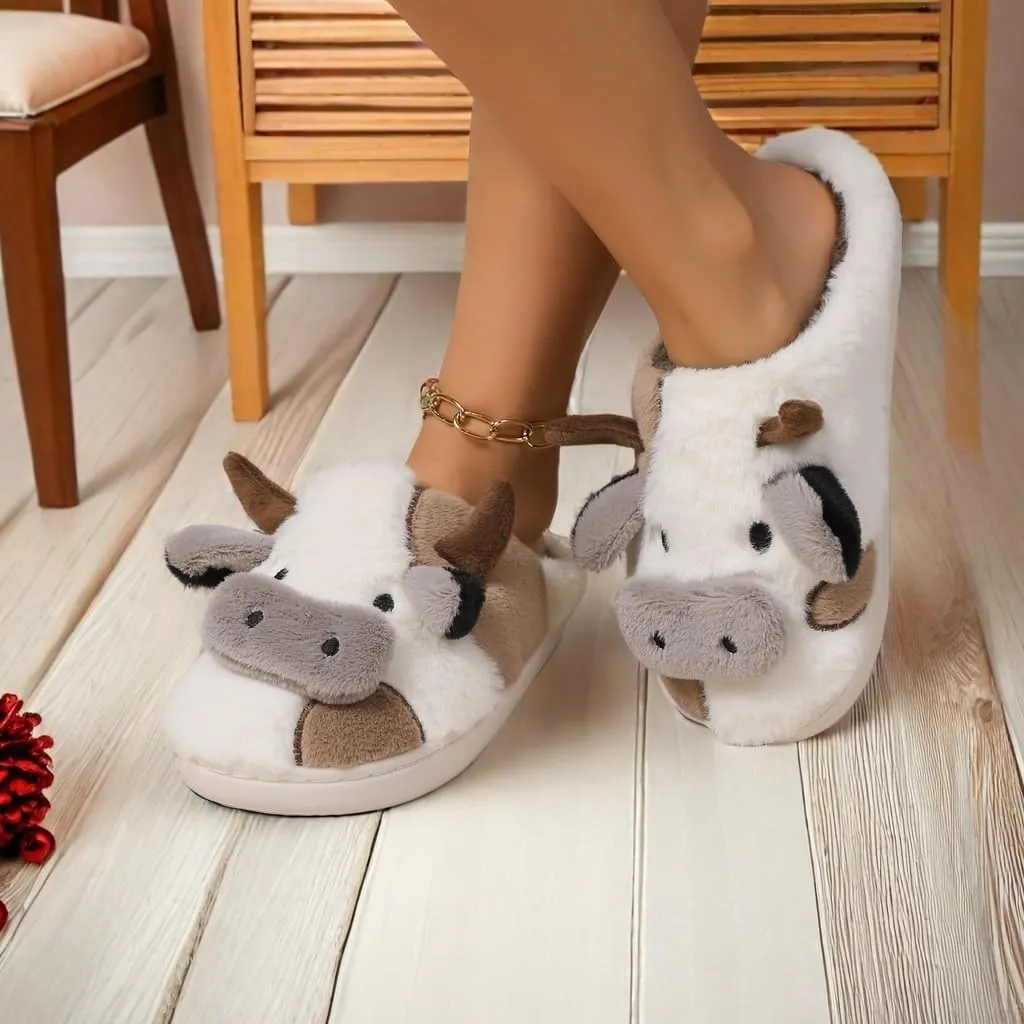 Cartoon Cow Cotton Slippers,Cute Cozy Fuzzy Animal Slippers For Women,Winter Warm Plush Comfy Indoor Outdoor Slippers