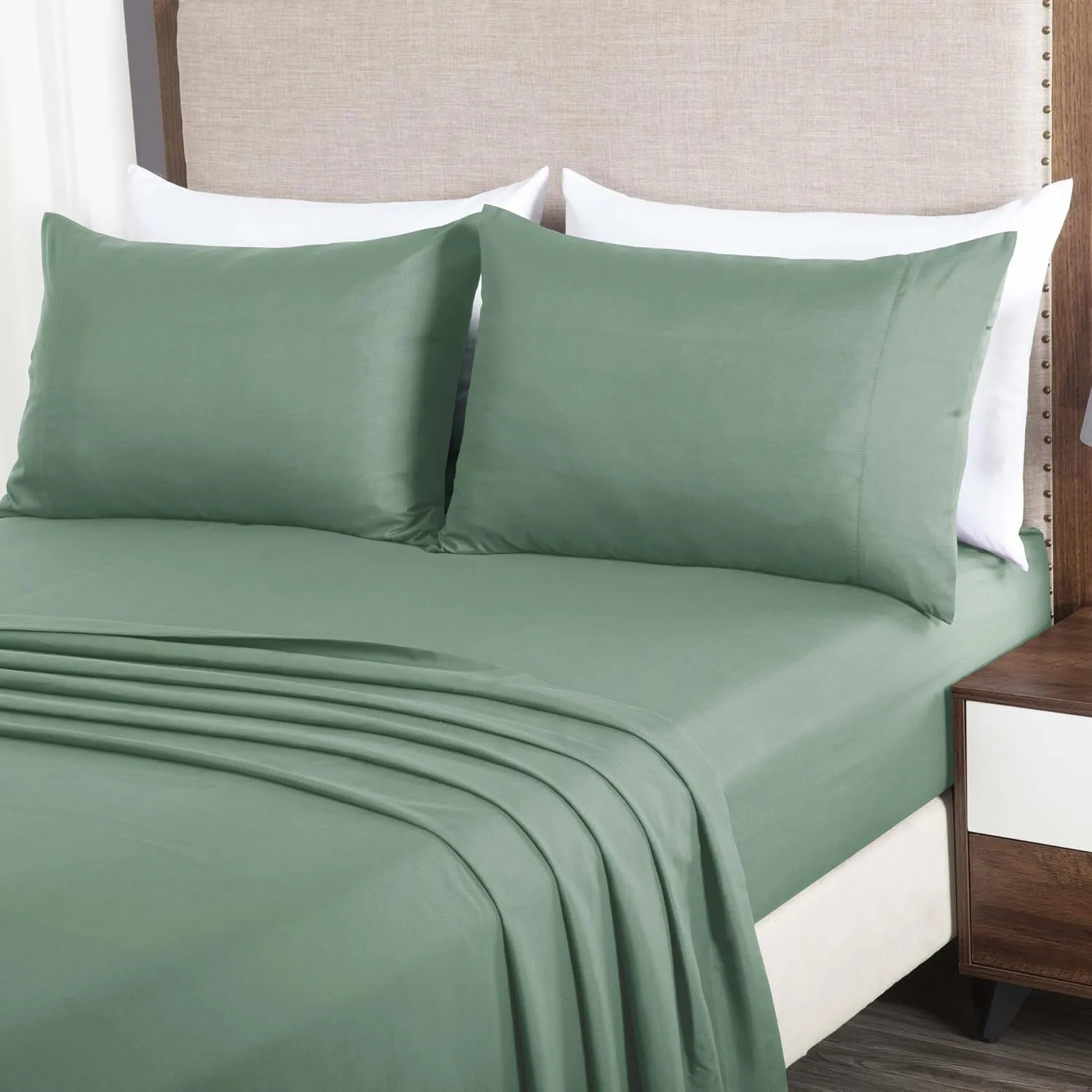 Chezmoi Collection Solid Sage Green 250TC 100% Cotton Twill Bed Sheet Set King Size, 4-Piece Luxury Soft Breathable Smooth 16-Inches Deep Pocket Sheets and Pillowcases Set