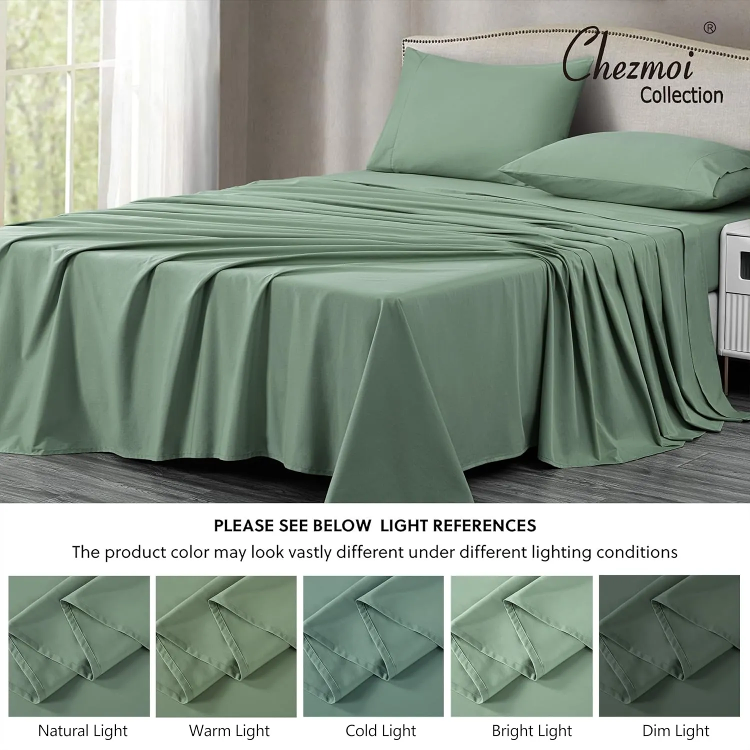 Chezmoi Collection Solid Sage Green 250TC 100% Cotton Twill Bed Sheet Set King Size, 4-Piece Luxury Soft Breathable Smooth 16-Inches Deep Pocket Sheets and Pillowcases Set