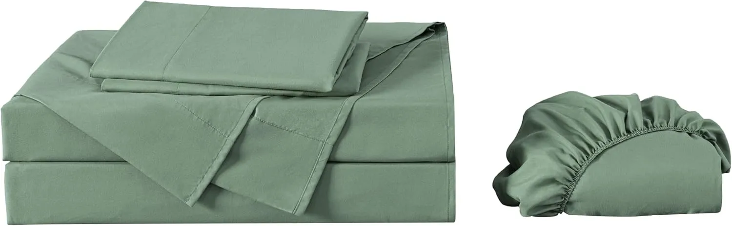 Chezmoi Collection Solid Sage Green 250TC 100% Cotton Twill Bed Sheet Set King Size, 4-Piece Luxury Soft Breathable Smooth 16-Inches Deep Pocket Sheets and Pillowcases Set