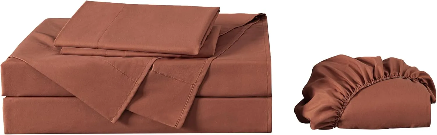 Chezmoi Collection Solid Terracotta 250TC 100% Cotton Twill Bed Sheet Set King Size, 4-Piece Luxury Soft Breathable Smooth 16-Inches Deep Pocket Sheets and Pillowcases Set