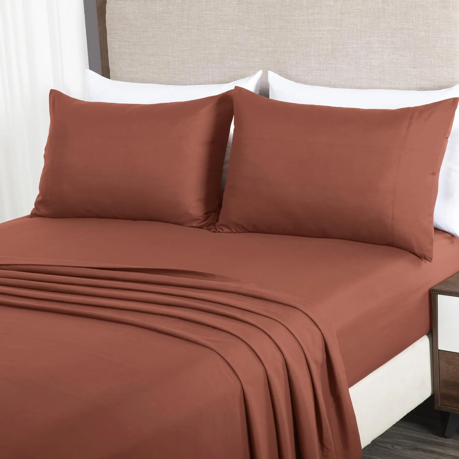 Chezmoi Collection Solid Terracotta 250TC 100% Cotton Twill Bed Sheet Set King Size, 4-Piece Luxury Soft Breathable Smooth 16-Inches Deep Pocket Sheets and Pillowcases Set