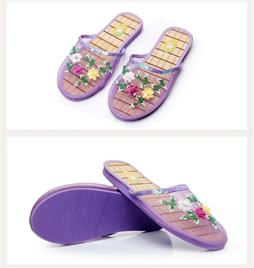 Chinese Slippers for Women, Chinese Mesh Floral Slippers, Bamboo Flats Slippers Sandal for Womens