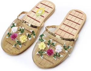 Chinese Slippers for Women, Chinese Mesh Floral Slippers, Bamboo Flats Slippers Sandal for Womens