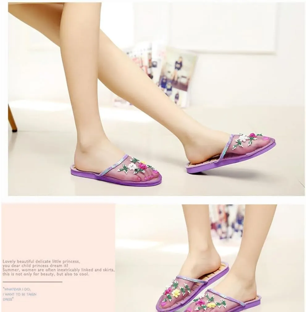 Chinese Slippers for Women, Chinese Mesh Floral Slippers, Bamboo Flats Slippers Sandal for Womens