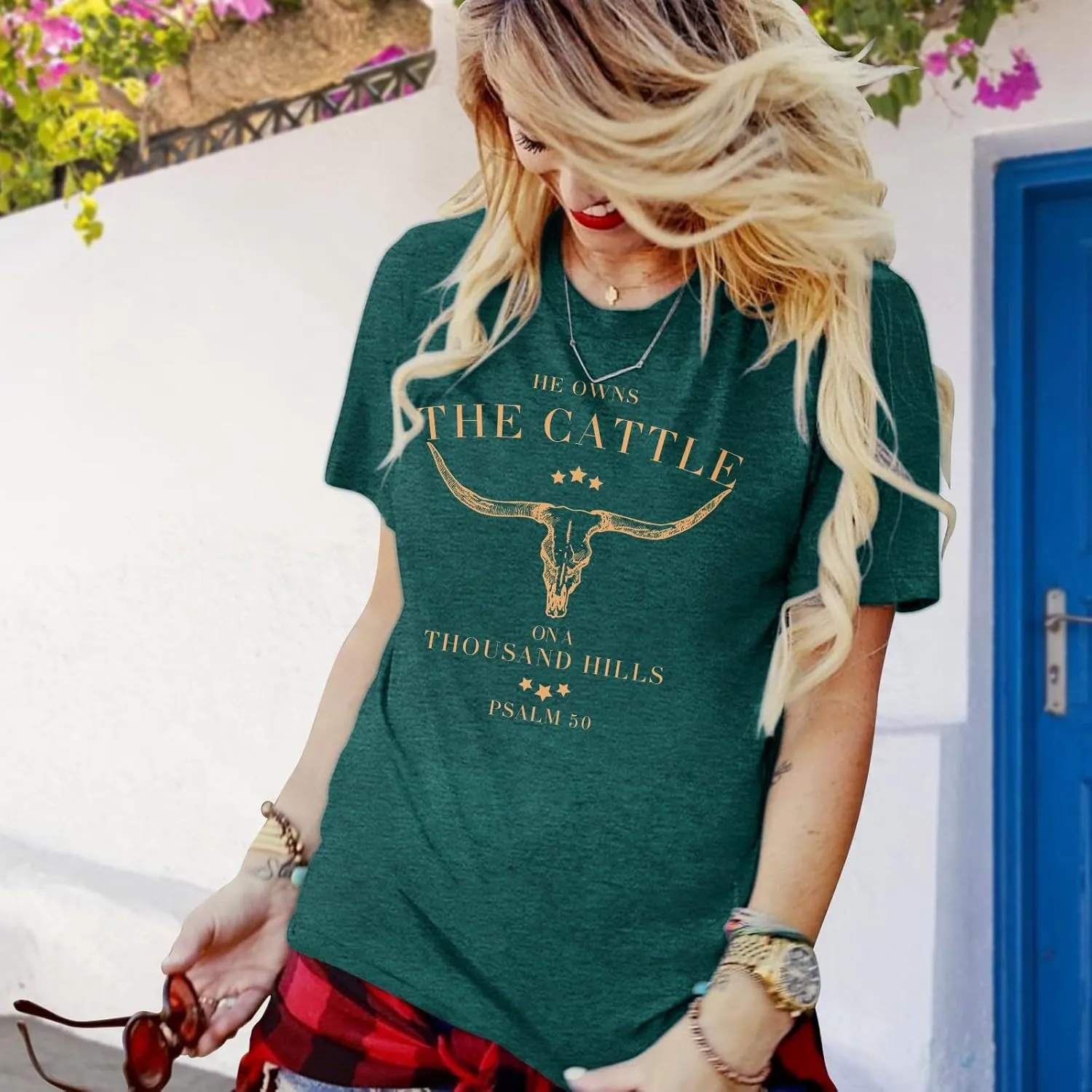 Christian Shirts for Women He Owns The Cattle On A Thousand Hills Tee Shirt Religious Bible Verse Faith Tops