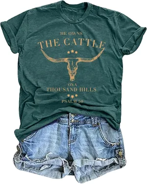 Christian Shirts for Women He Owns The Cattle On A Thousand Hills Tee Shirt Religious Bible Verse Faith Tops