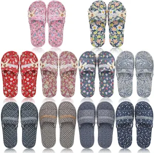 Chuarry 10 Pairs Floral Cotton House Slippers for Guest Women Washable Indoor Cotton Slippers Open Toe for Hotel Travel Airplane Spa, 2 Sizes