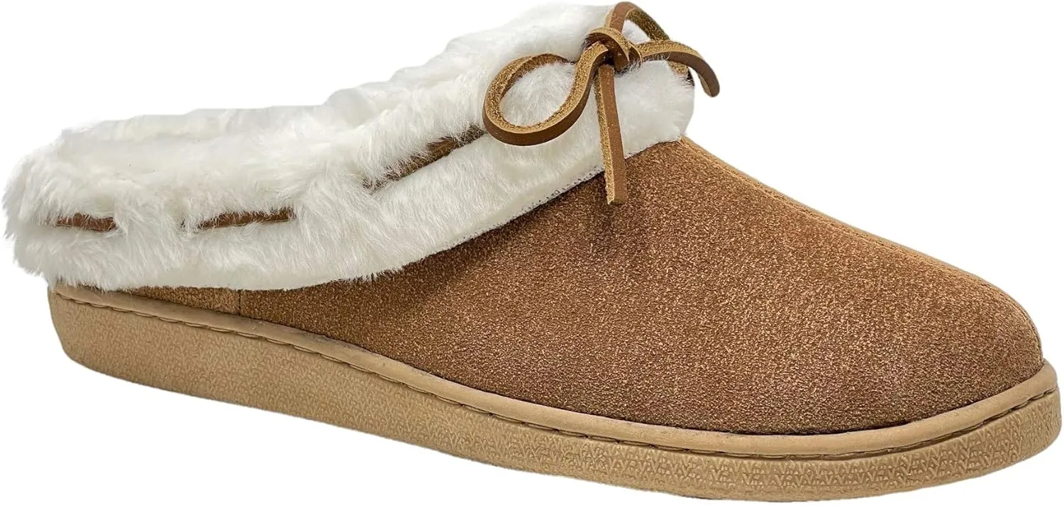 Clarks Womens Open Back Suede Leather Comfort Clog Slipper JMS0404 - Warm Plush Faux Fur Lining - Indoor Outdoor House Slippers For Women (9 M US, Cognac)