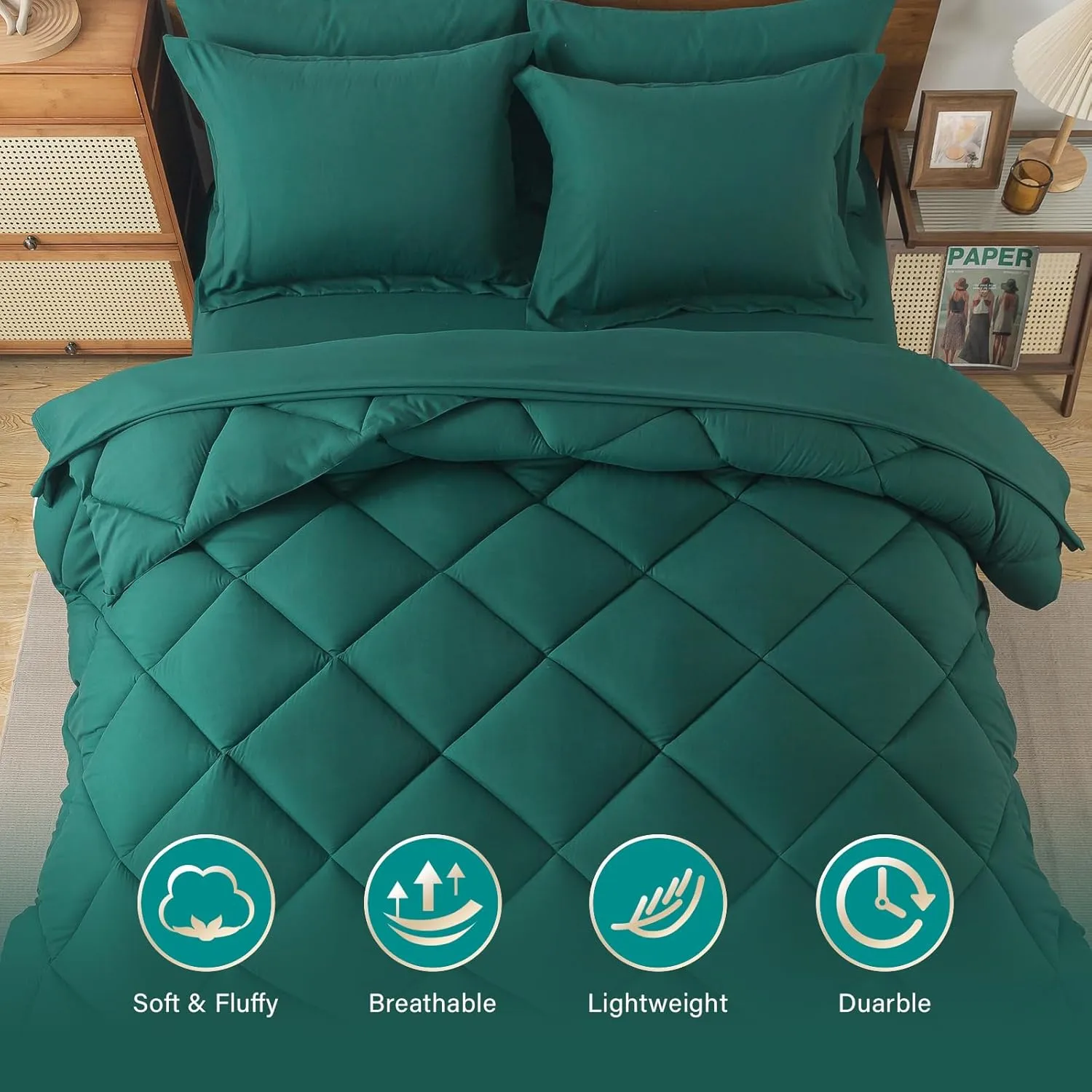 Cosybay Bed in a Bag Queen Comforter Sets 7pcs All Season Solid Down Alternative Bedding Sets Dark Green with Comforter, Pillow Shams, Flat Sheet, Fitted Sheet and Pillowcases