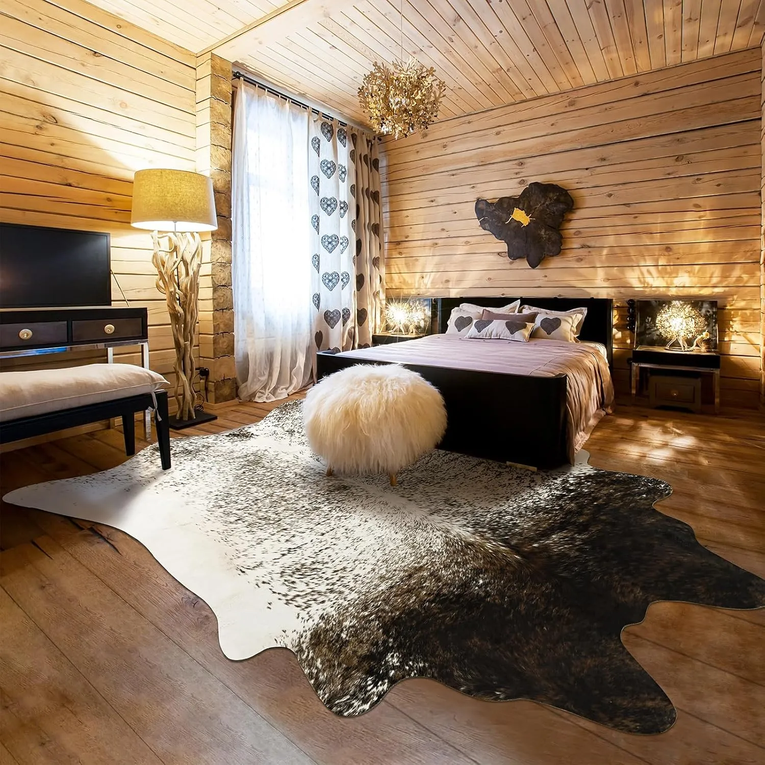 Cow Hide Rug for Living Room, Washable Cowhide Rug, Faux Animal Skin Rugs, Non-Slip Cow Print Area Rugs, 5x6Ft Cowhide Rugs for Bedroom Office Kitchen, Brown and White