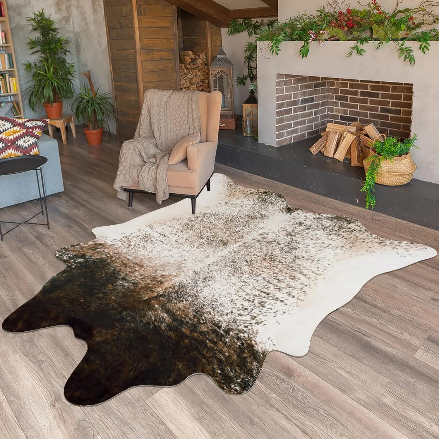 Cow Hide Rug for Living Room, Washable Cowhide Rug, Faux Animal Skin Rugs, Non-Slip Cow Print Area Rugs, 5x6Ft Cowhide Rugs for Bedroom Office Kitchen, Brown and White