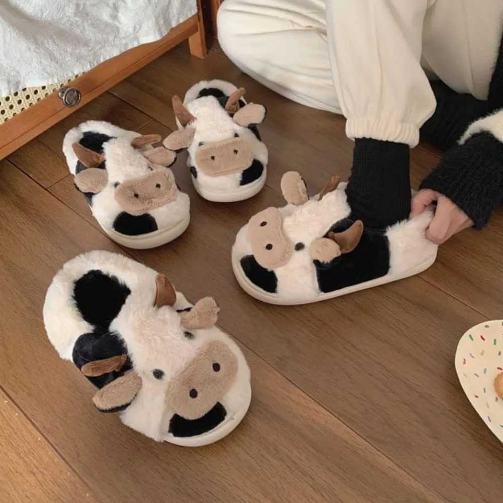 Cow Slippers for Women Men, Cute Cartoon Animal Slippers, Fuzzy/Linen Kawaii House Slippers, Winter/Summer Cow Slides for Indoor and Outdoor