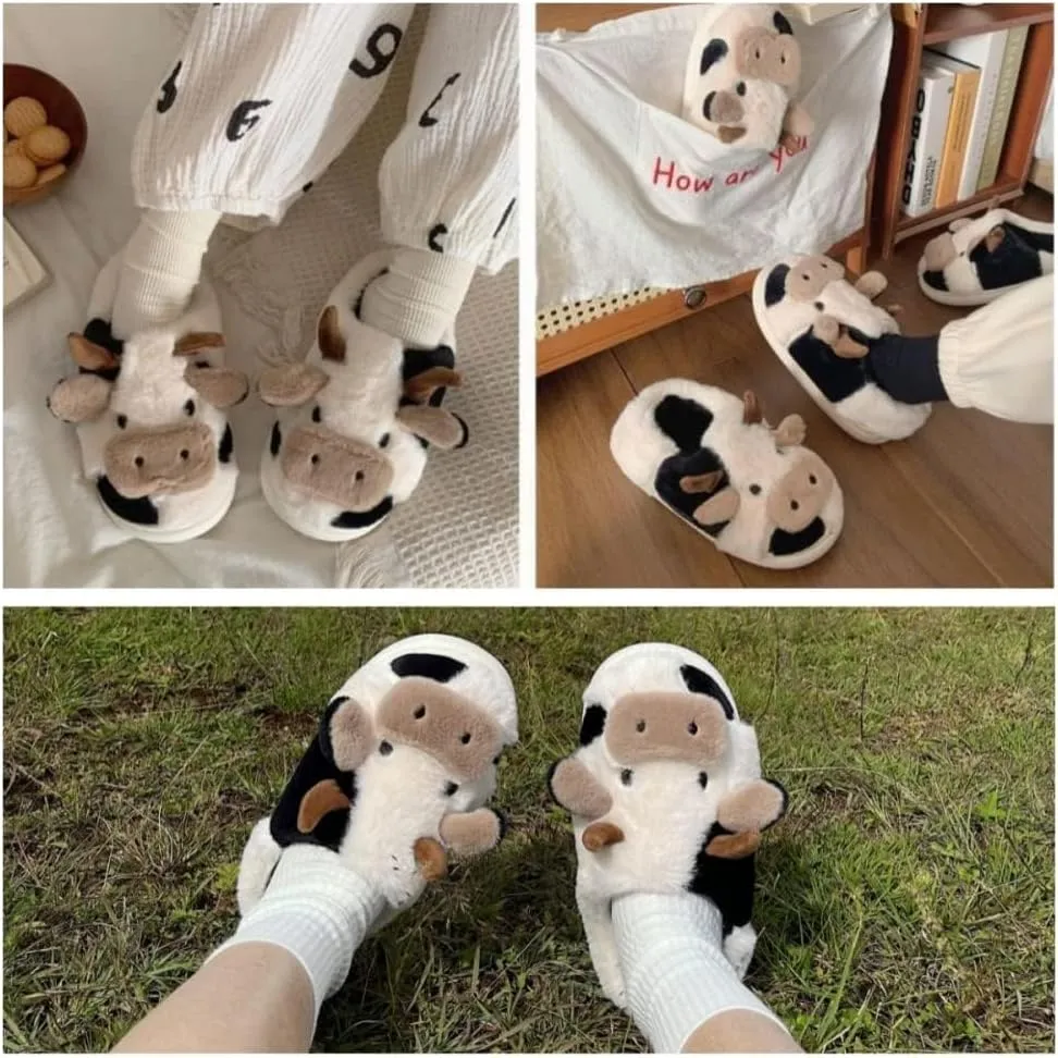 Cow Slippers for Women Men, Cute Cartoon Animal Slippers, Fuzzy/Linen Kawaii House Slippers, Winter/Summer Cow Slides for Indoor and Outdoor