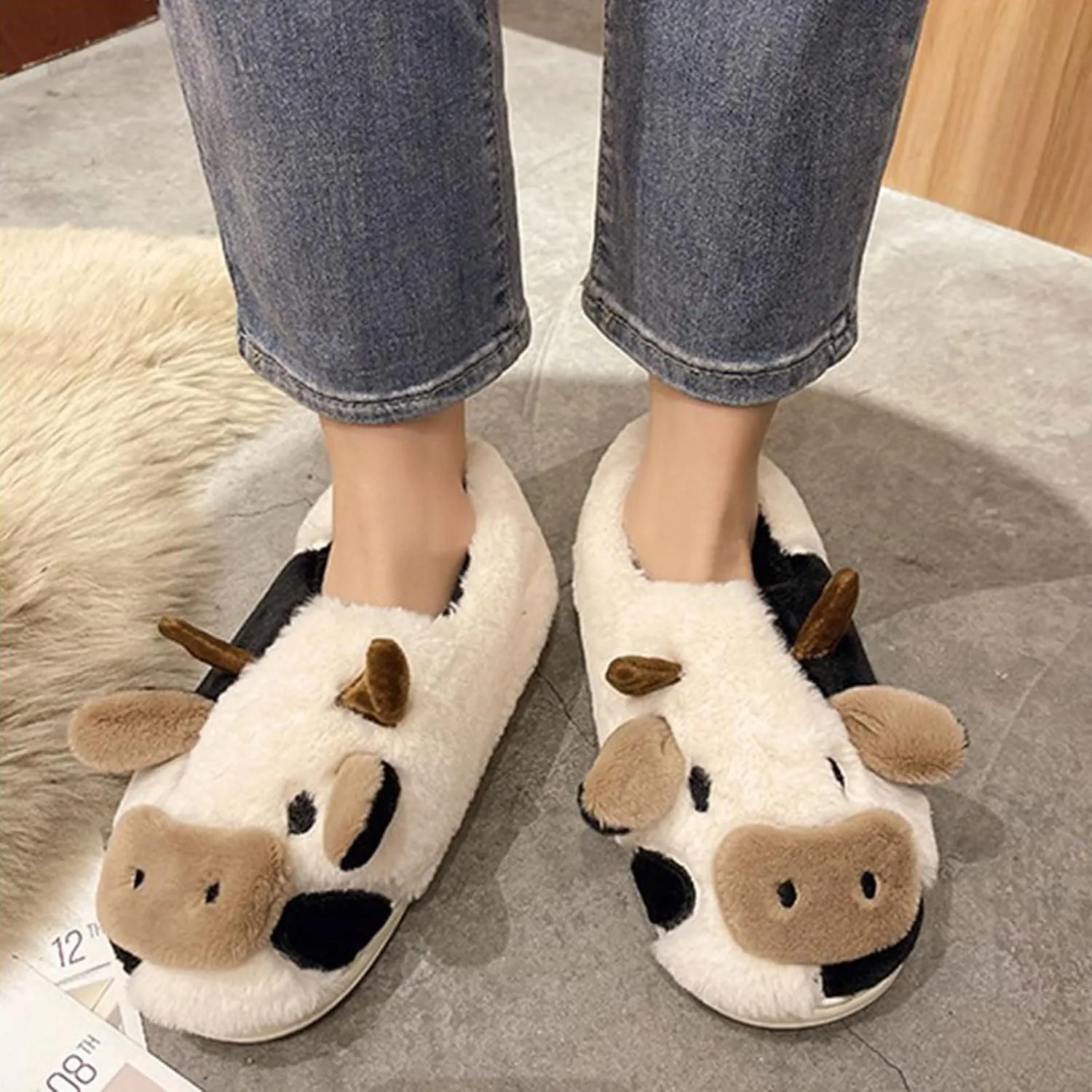 Cow Slippers for Women Men, Cute Cartoon Animal Slippers, Fuzzy/Linen Kawaii House Slippers, Winter/Summer Cow Slides for Indoor and Outdoor
