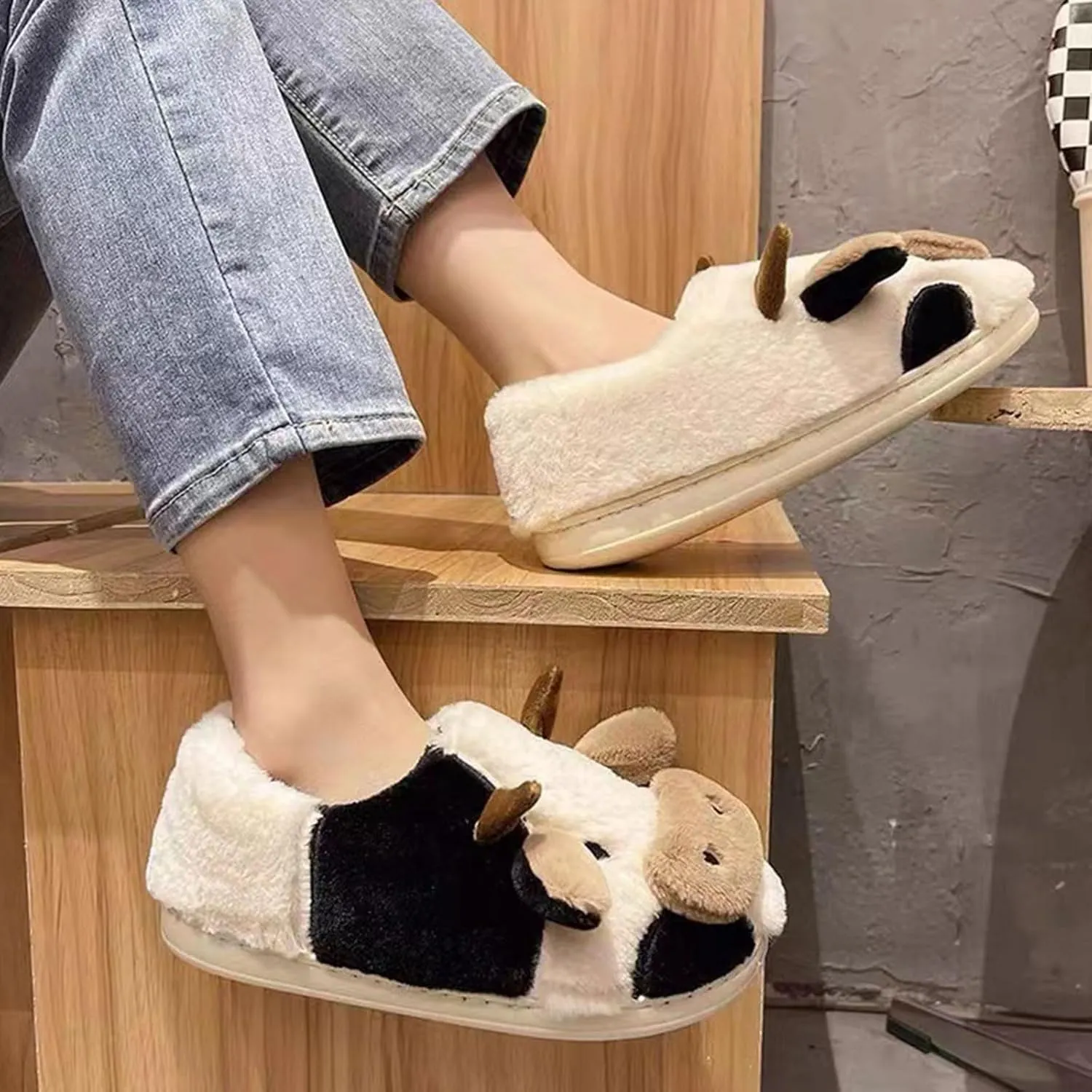 Cow Slippers for Women Men, Cute Cartoon Animal Slippers, Fuzzy/Linen Kawaii House Slippers, Winter/Summer Cow Slides for Indoor and Outdoor