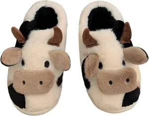Cow Slippers for Women Men, Cute Cartoon Animal Winter Warm House Slides Slippers, Linen Kawaii Indoor Outdoor Shoes, Comfortable Non Slip Milky Cow Thick Sole Slipper