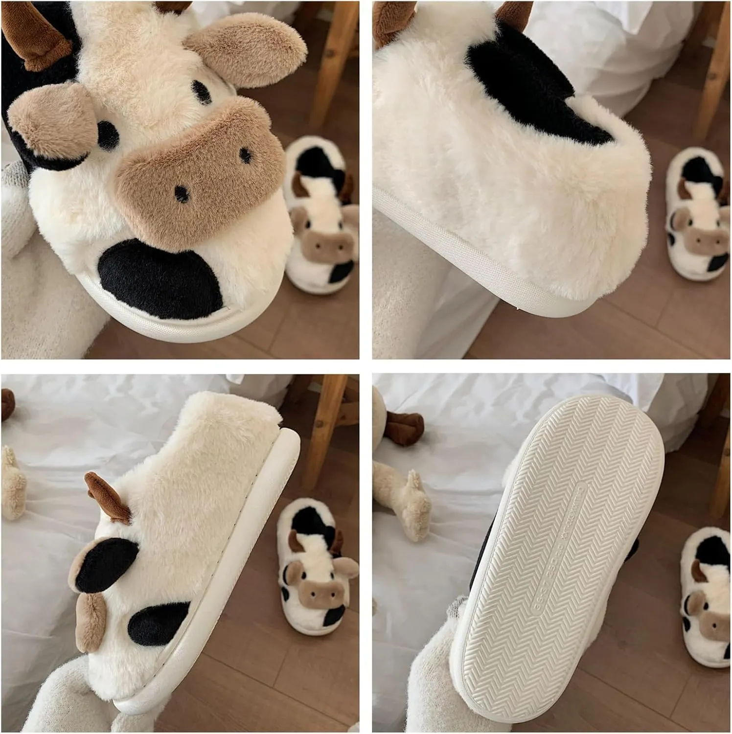 Cow Slippers for Women Men, Cute Cartoon Animal Winter Warm House Slides Slippers, Linen Kawaii Indoor Outdoor Shoes, Comfortable Non Slip Milky Cow Thick Sole Slipper