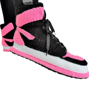 Custom Knitted Cozy Pink Sneaker Plush Slippers, Basketball and Streetwear Outfit, Retro High Top Indoor Sneakers, Cute Plush Booties Socks