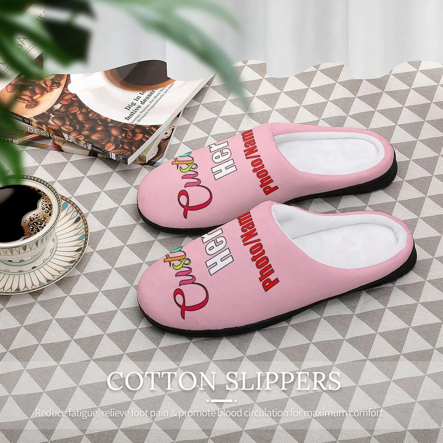 Custom Slippers for Men Women, Personalized Design Photo Logo Name for Autumn Winter Gifts Cotton Furry Slipper