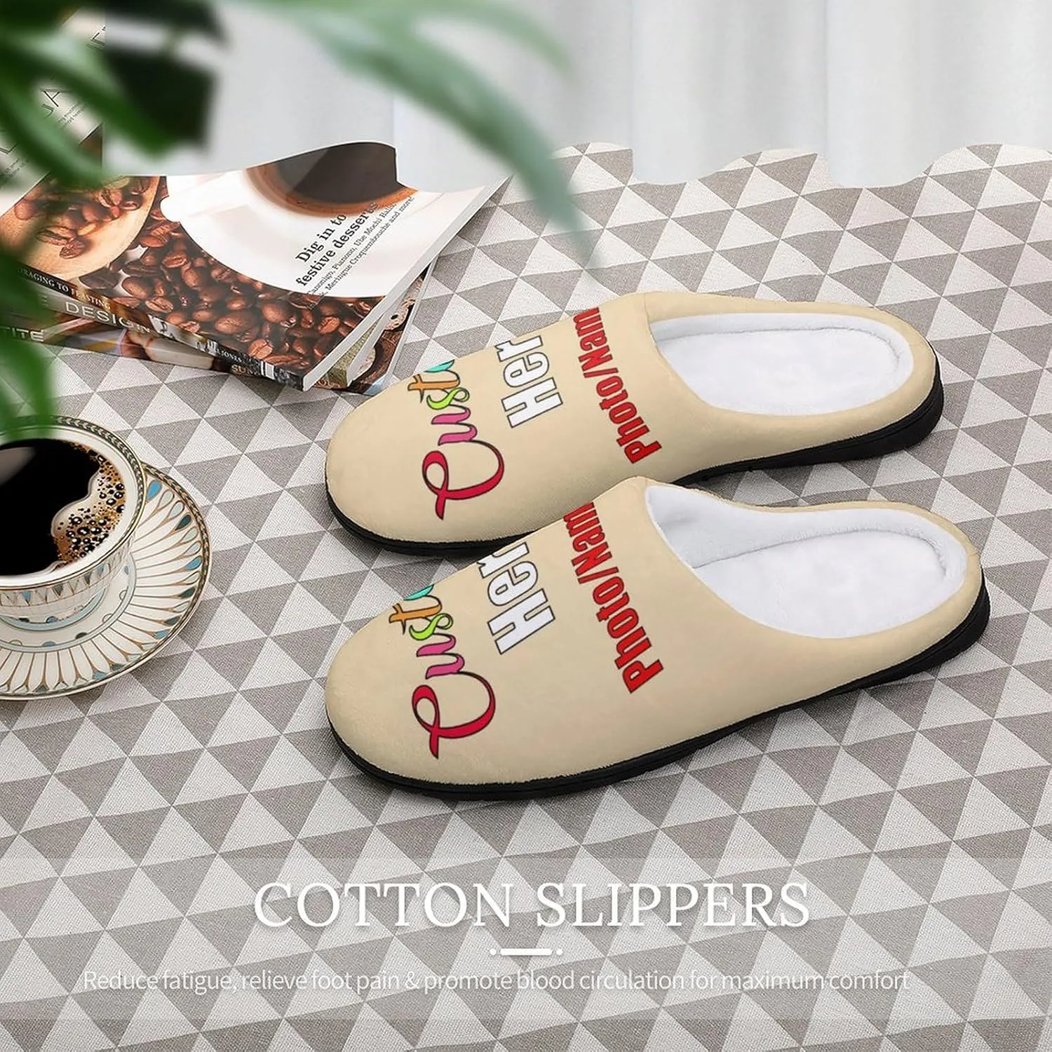Custom Slippers for Men Women, Personalized Design Photo Logo Name for Autumn Winter Gifts Cotton Furry Slipper