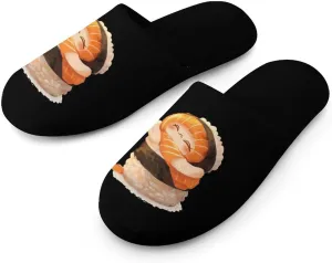 Cute Sushi Hug Salmon Maki Anime Figure Japanese Men's Cotton Slippers Closed Toe Slipper for Spa Hotel Bedoom