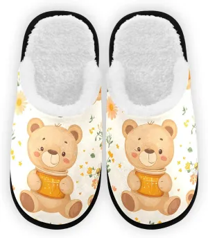 Cute Teddy Bear Honey Plush Slippers for Women Men Warm Comfortable Travel Spa Slipper Non-slip House Shoes