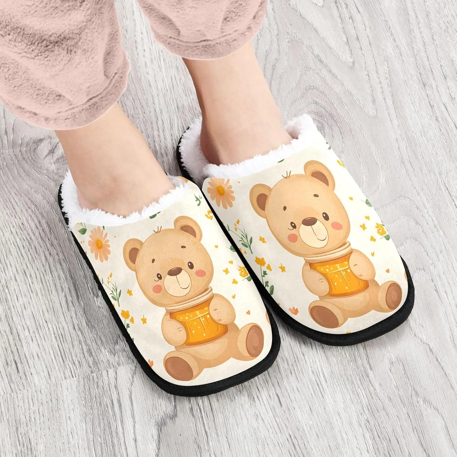 Cute Teddy Bear Honey Plush Slippers for Women Men Warm Comfortable Travel Spa Slipper Non-slip House Shoes