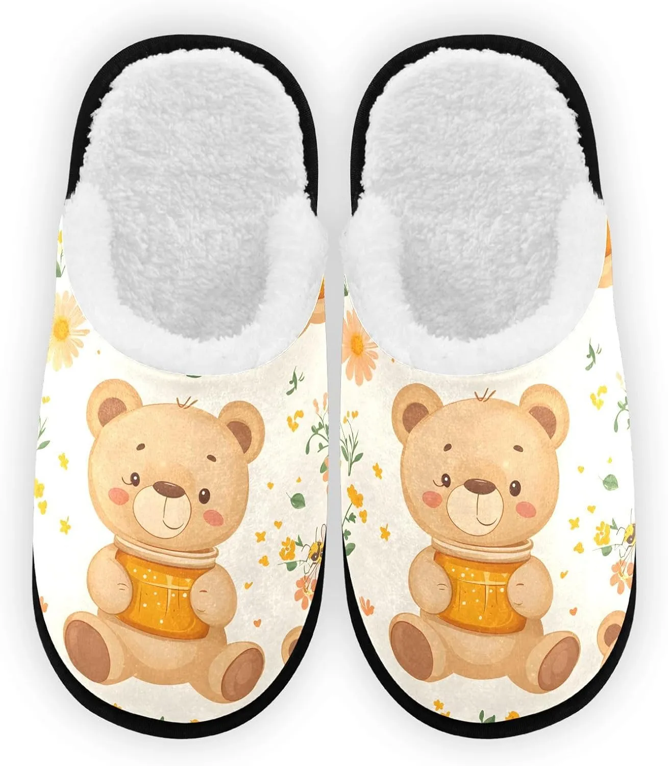 Cute Teddy Bear Honey Plush Slippers for Women Men Warm Comfortable Travel Spa Slipper Non-slip House Shoes