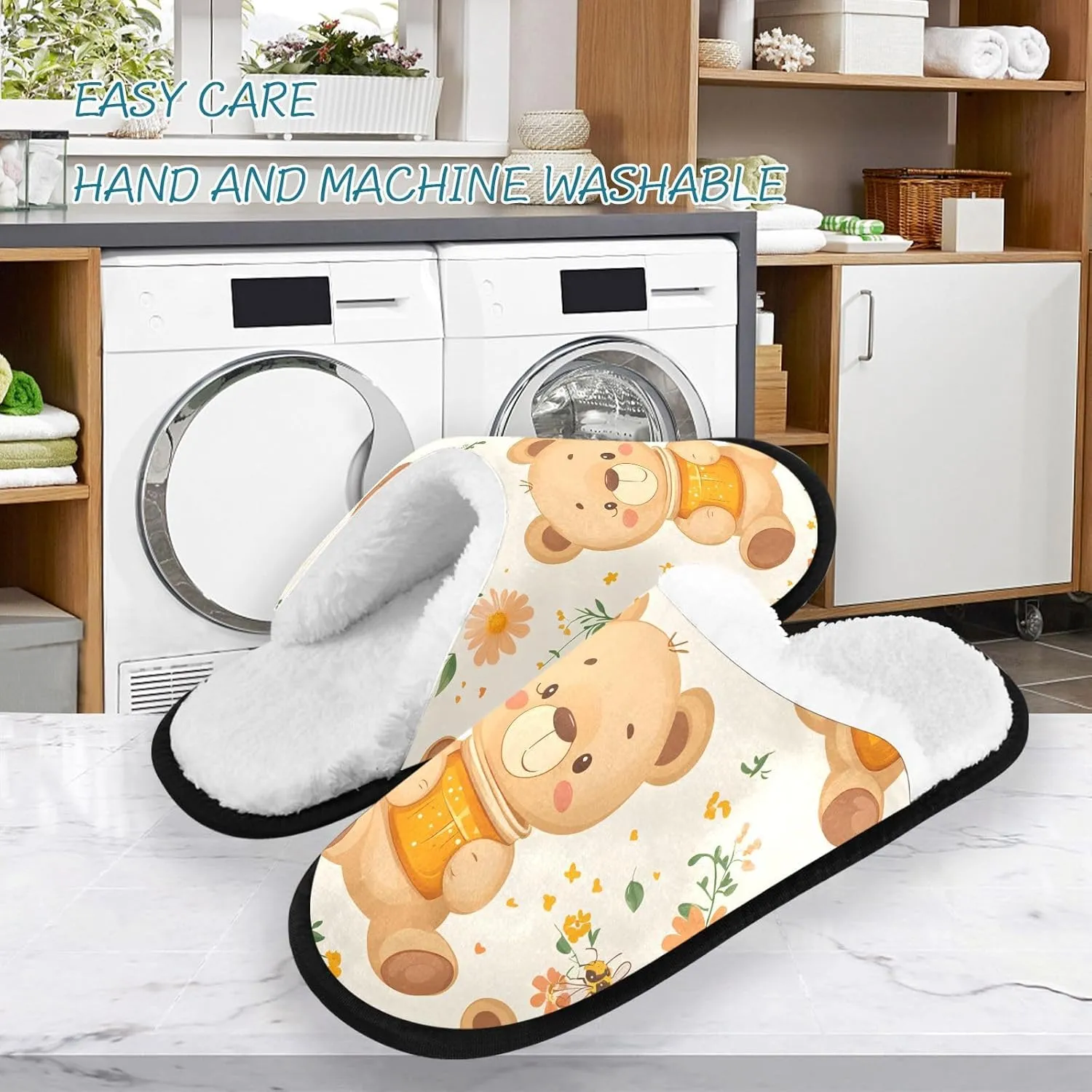 Cute Teddy Bear Honey Plush Slippers for Women Men Warm Comfortable Travel Spa Slipper Non-slip House Shoes