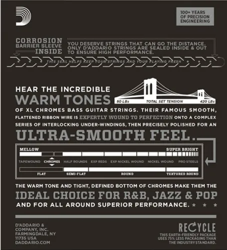 D'Addario  Chromes, Medium, Long Scale, 50-105 Bass Guitar Strings - ECB82