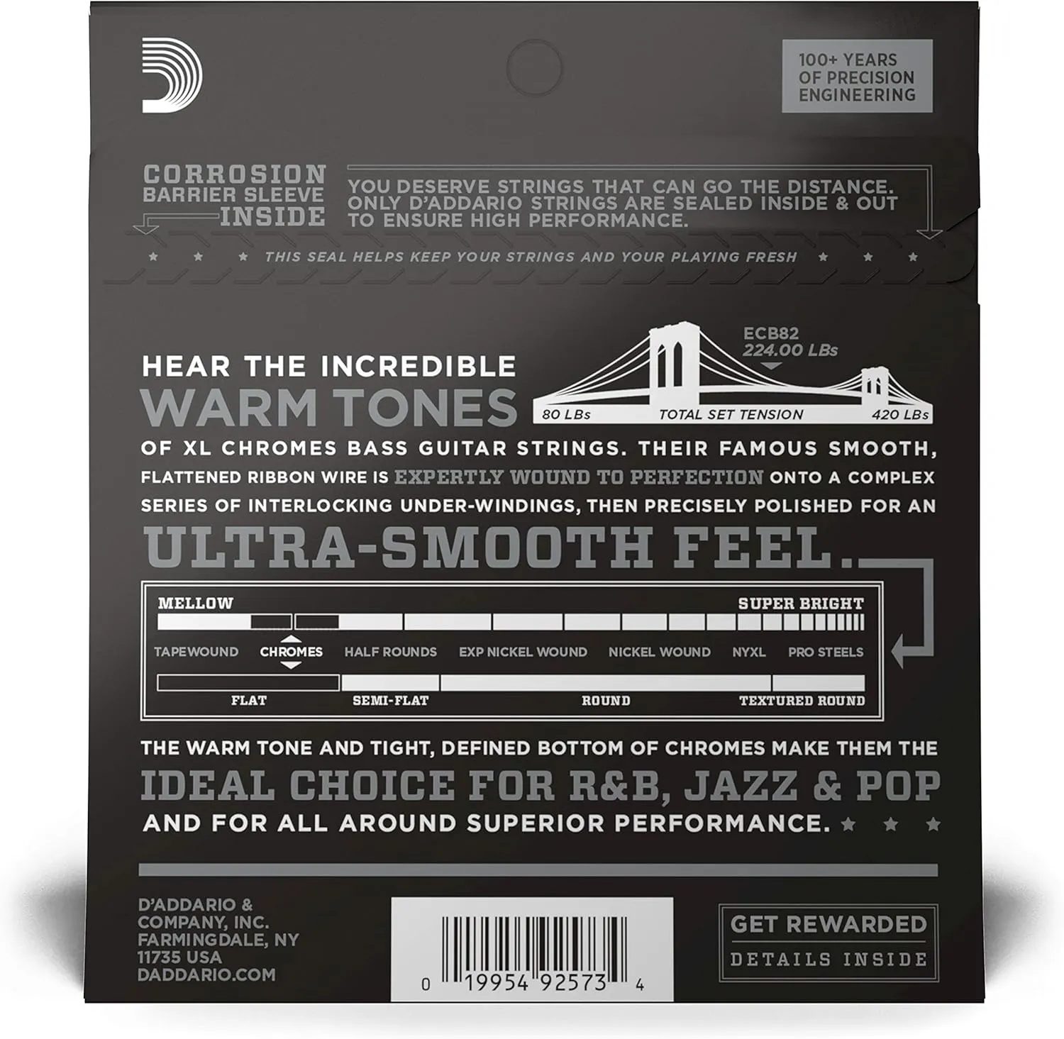 D'Addario XL Chromes Flat Wound Bass Guitar Strings - ECB82 - Long Scale - Medium, 50-105