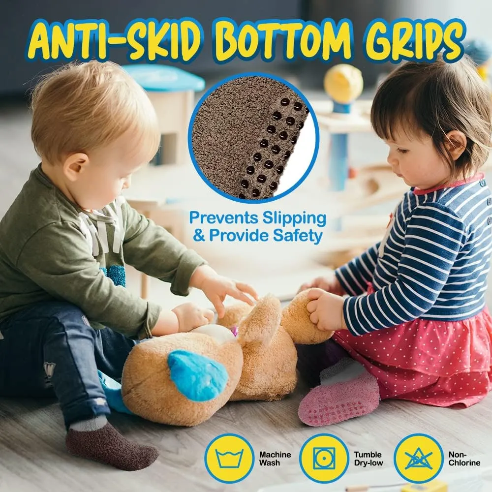 Debra Weitzner 6 Pairs Warm Fuzzy Socks for Kids with Grippers - Non Skid Slipper Socks for Toddlers