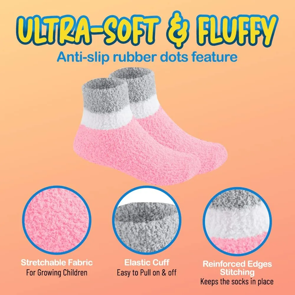 Debra Weitzner 6 Pairs Warm Fuzzy Socks for Kids with Grippers - Non Skid Slipper Socks for Toddlers