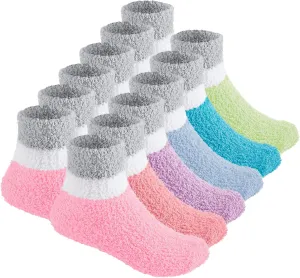 Debra Weitzner 6 Pairs Warm Fuzzy Socks for Kids with Grippers - Non Skid Slipper Socks for Toddlers
