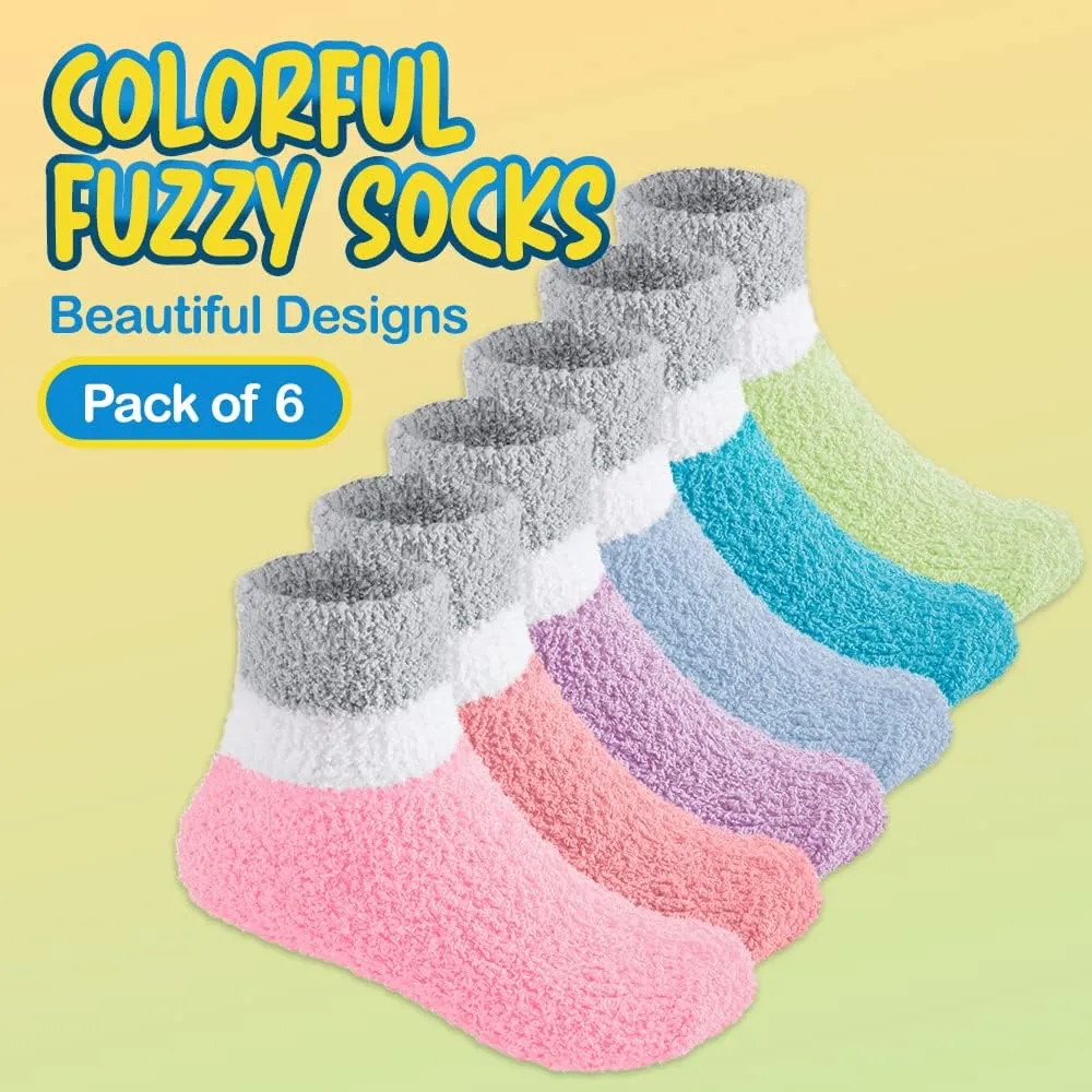Debra Weitzner 6 Pairs Warm Fuzzy Socks for Kids with Grippers - Non Skid Slipper Socks for Toddlers