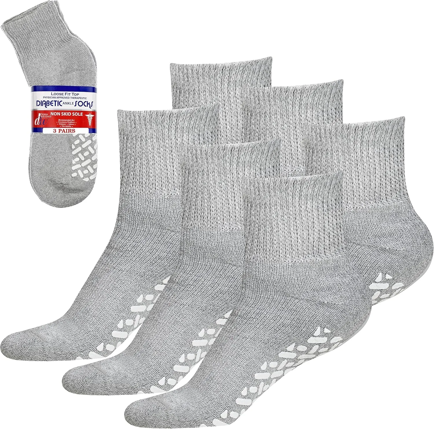 Debra Weitzner Loose Fit Non-Binding Sock - Diabetic Non-Slip Socks for Men and Women - Ankle 3Pk Grey