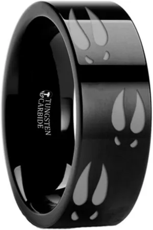 DEER TRACK Animal Track Deer Hoof Print Flat Black Tungsten Ring 6mm Wide Wedding Band