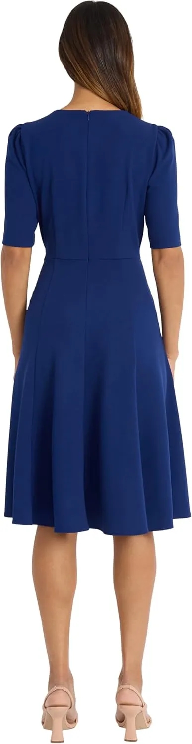 Donna Morgan Women's Dresses Stretch Crepe Elbow Sleeve V-Neck Fit and Flare Midi Dress