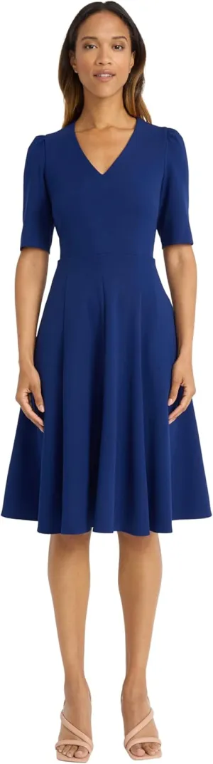 Donna Morgan Women's Dresses Stretch Crepe Elbow Sleeve V-Neck Fit and Flare Midi Dress