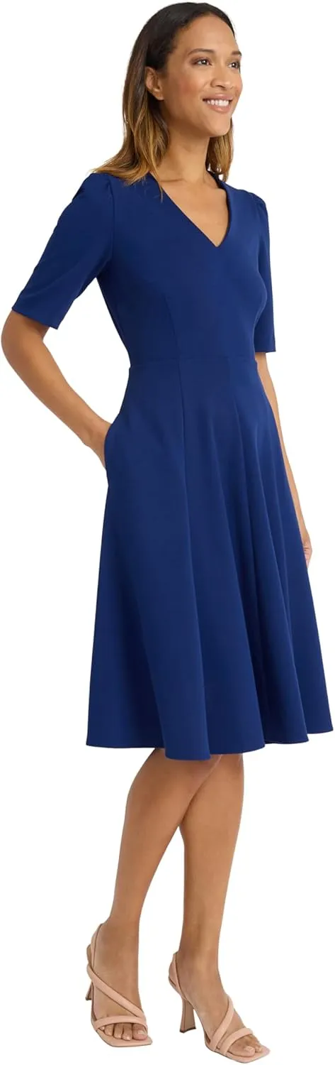 Donna Morgan Women's Dresses Stretch Crepe Elbow Sleeve V-Neck Fit and Flare Midi Dress